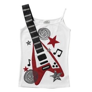 Vintage Y2K Guitar Graphic Tank Top White Asymmetrical Strap Rock Music Cami